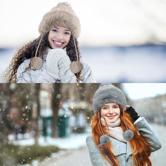 Women's Fur Hat with Pompom Winter Knit Beanie Russian Ushanka Trapper Ear Cover - Picture 4 of 7